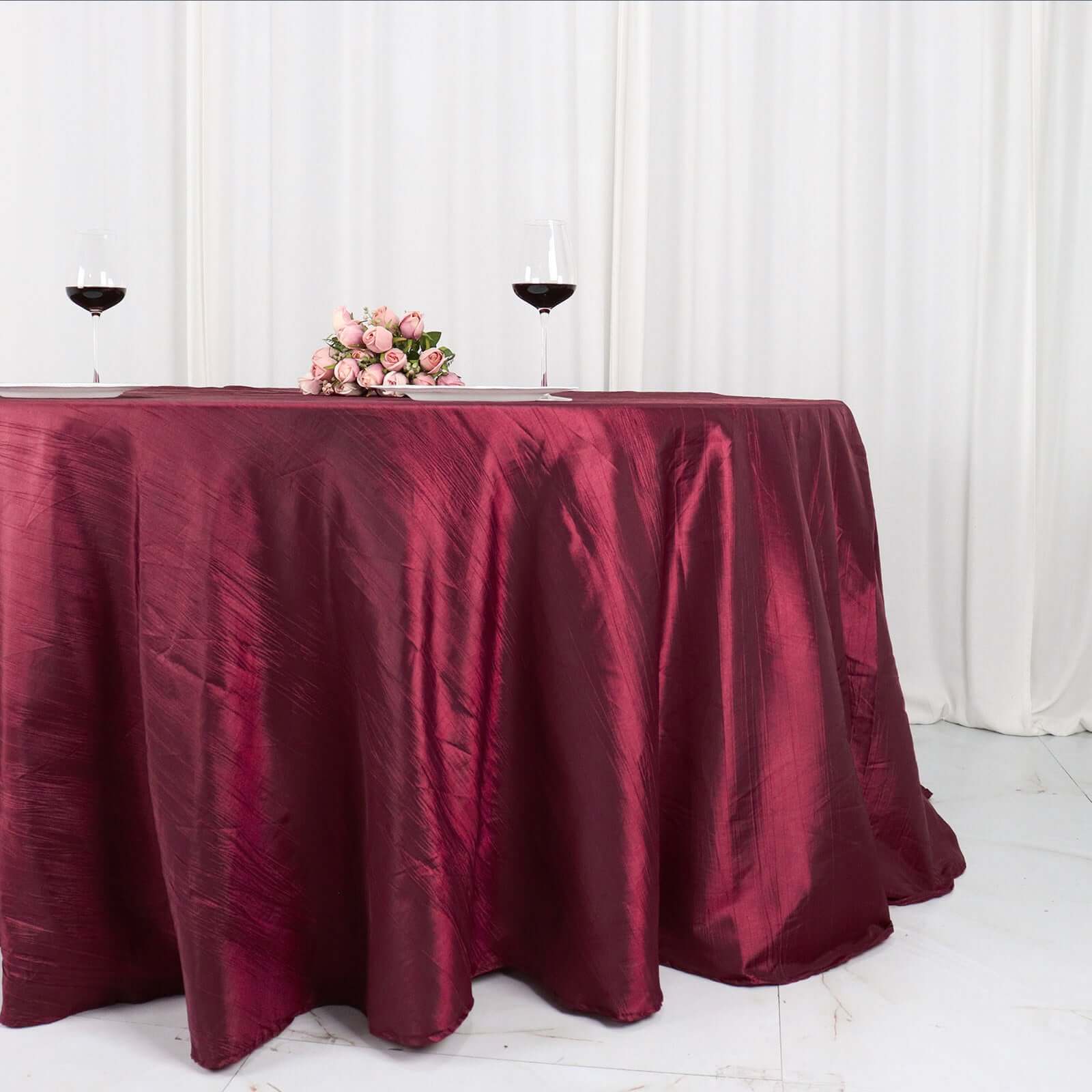 Taffeta 132" Round Tablecloth Burgundy - Seamless Accordion Crinkle Table Cover