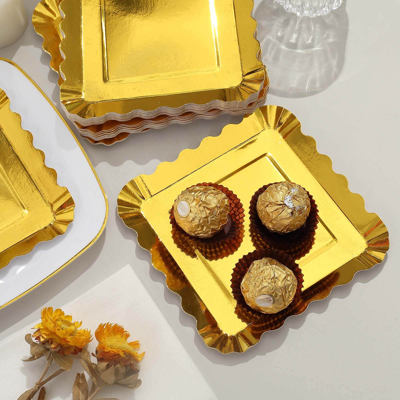 50-Pack Paper 5" Square Dessert Plates in Gold Foil with Scalloped Rim - Disposable Appetizer Plates for for Glam Gatherings & Special Occasions