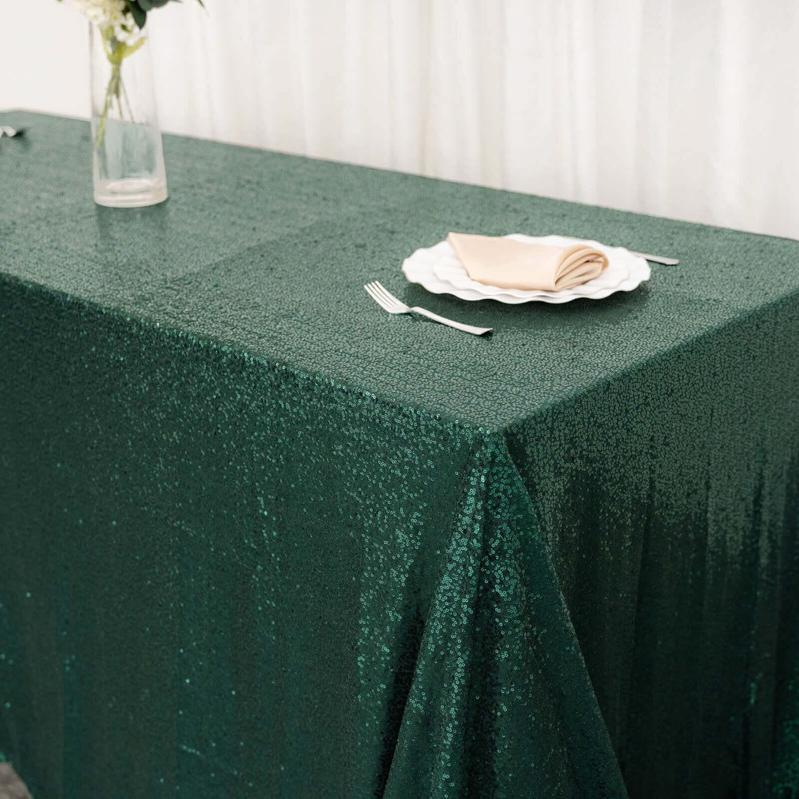 Sequin 90"x132" Rectangle Tablecloth Hunter Emerald Green - Seamless Sparkly Table Cover
