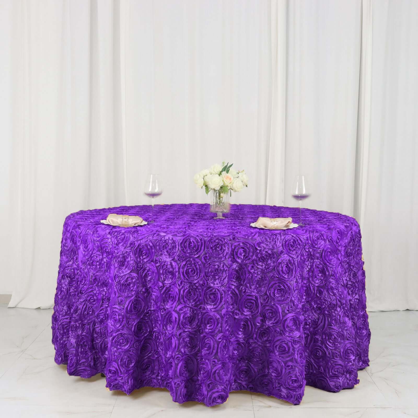 Satin 120" Round Tablecloth Purple - Grandiose 3D Rosette with Seamless Finish Table Cover