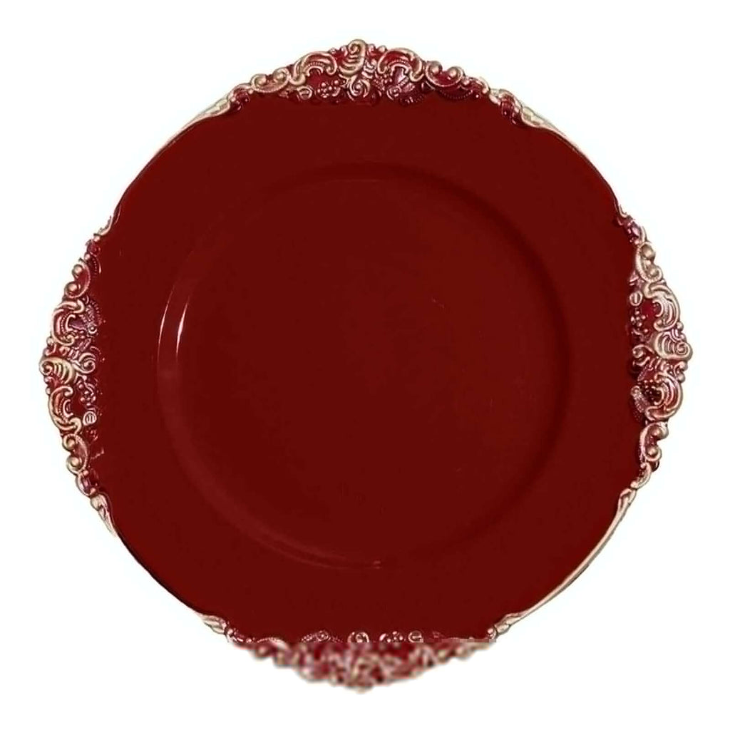 6-Pack Acrylic Round Charger Plates 13" in Burgundy with Gold Embossed Baroque Rim, Antique Decorative Dinner Party Charger Tableware
