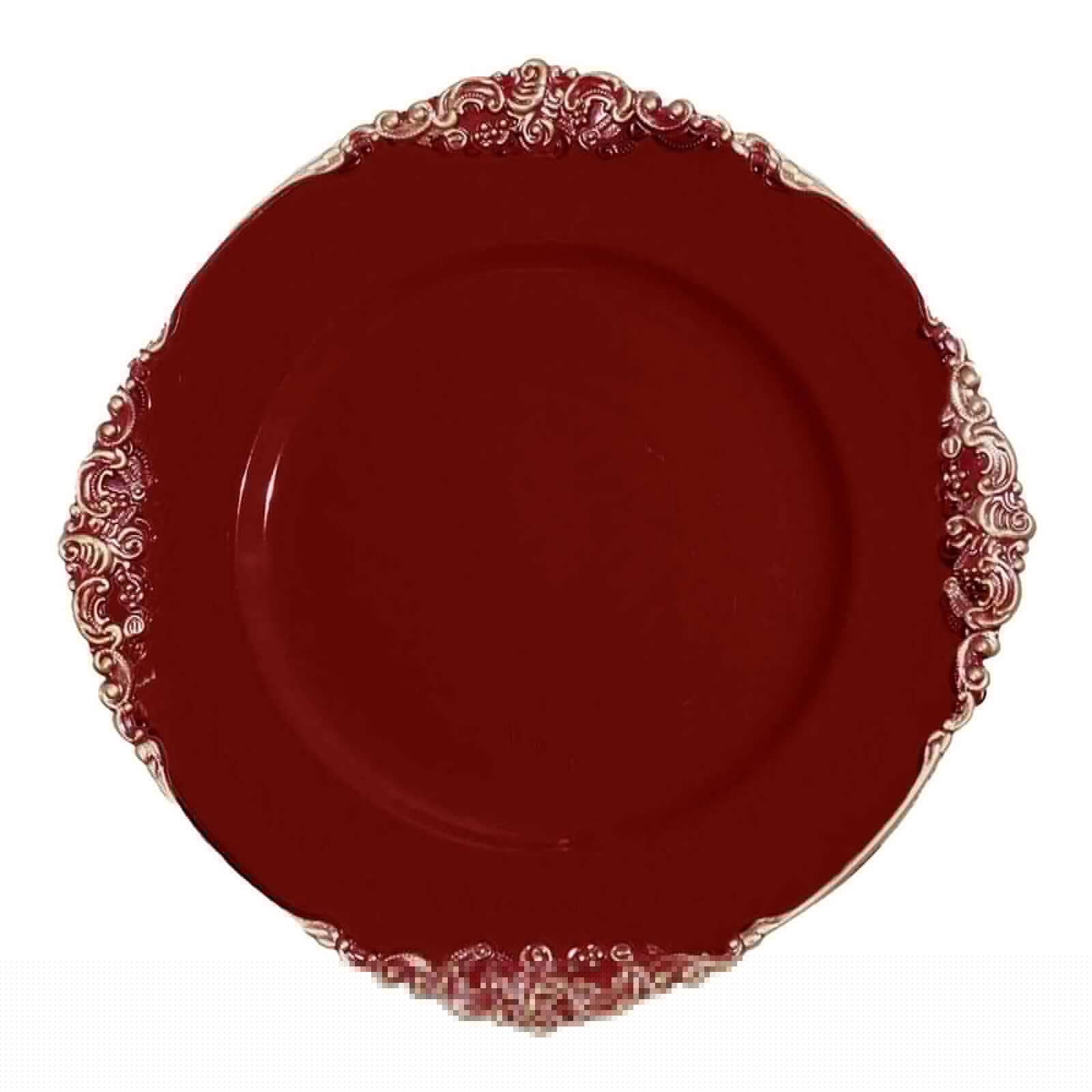 6-Pack Acrylic Round Charger Plates 13" in Burgundy with Gold Embossed Baroque Rim, Antique Decorative Dinner Party Charger Tableware