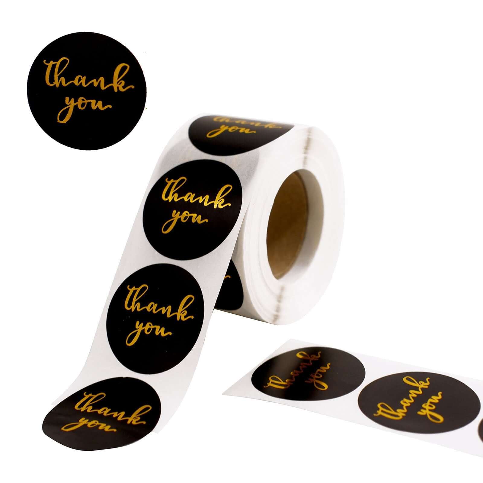 500Pcs 1.5" Thank You Gold Foil Text On Black Stickers Roll DÃ©cor Labels and Seals for DIY Envelope - Round