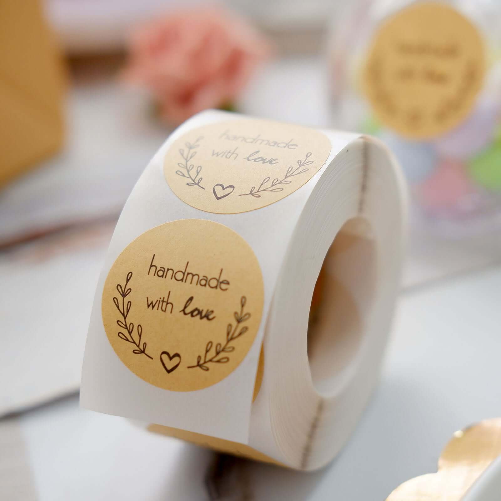 500Pcs 1.5â€ Handmade with Love Olive Branch Stickers Roll, Cookie and Bakery Box Labels - Round