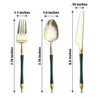24-Pack Plastic Utensil Set with Roman Column Handle Gold/Hunter Emerald Green - Disposable Silverware