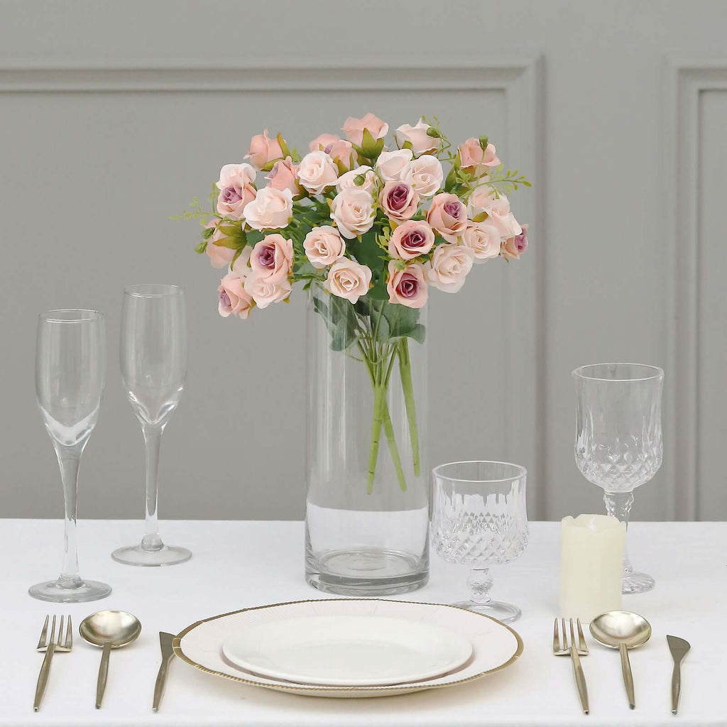 2 Pack 12" Blush Artificial Open Rose Flower Arrangements, Small Faux Floral Bouquets