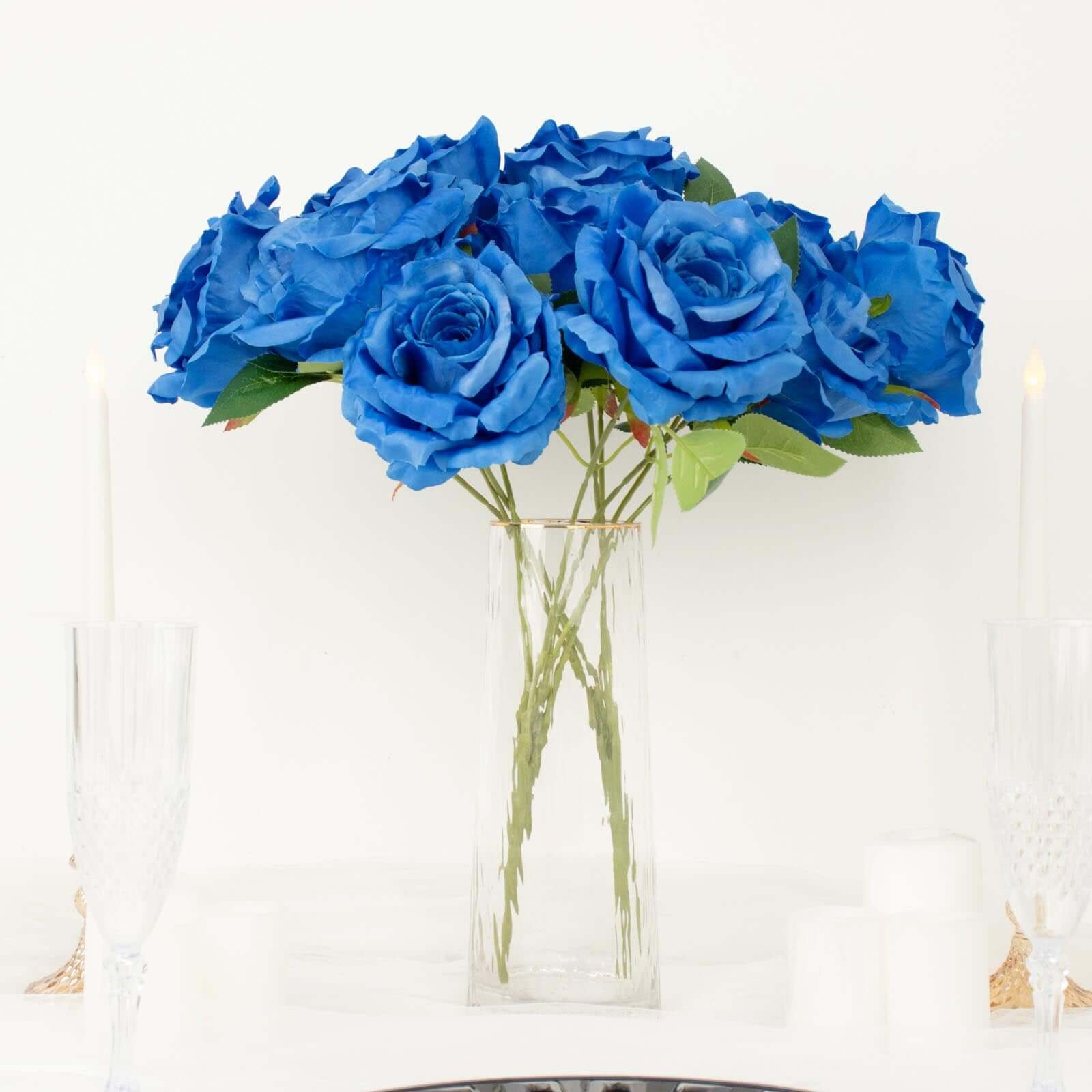 2 Bushes 17" Royal Blue Premium Silk Jumbo Rose Flower Bouquet, High Quality Artificial Wedding Floral Arrangements