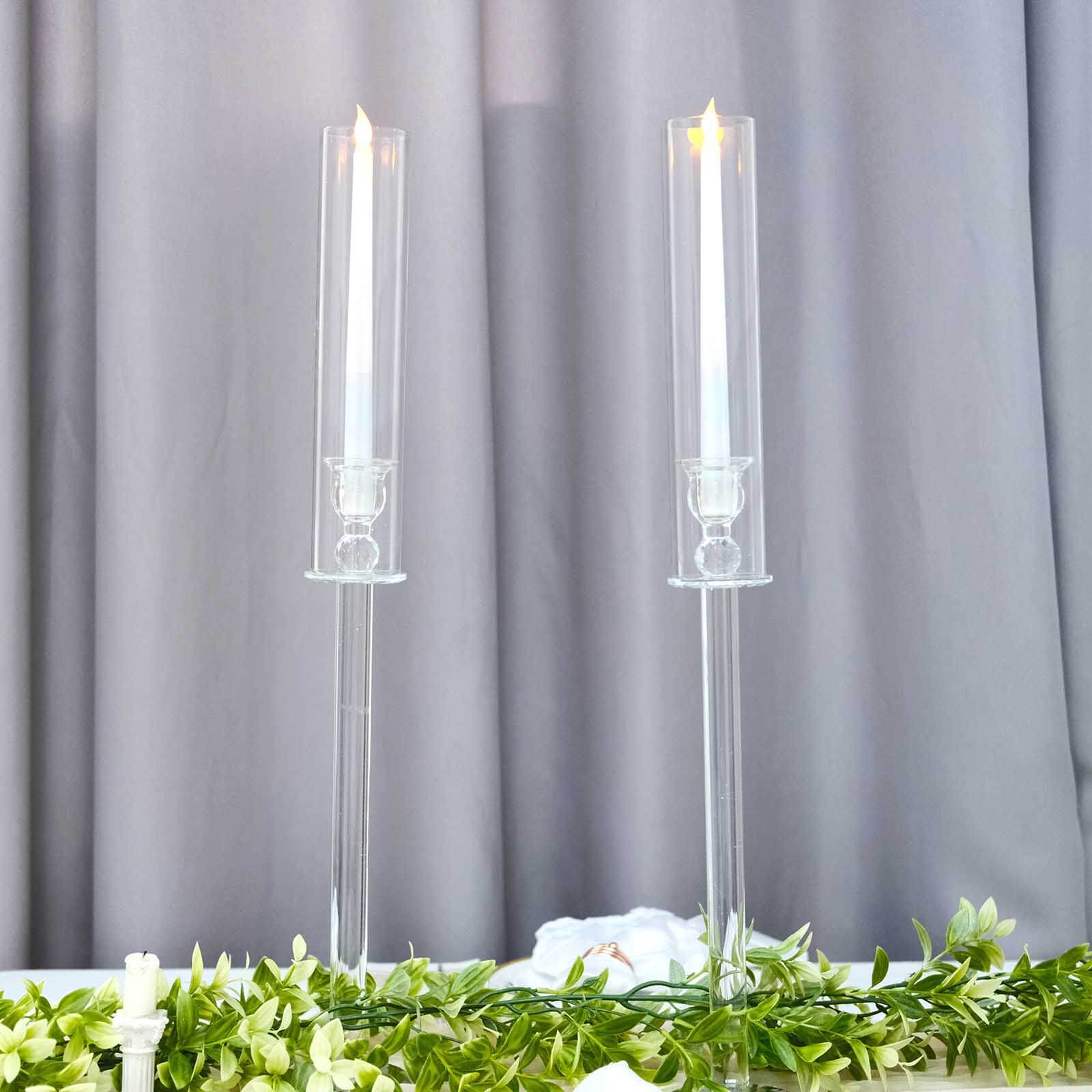 2-Pack Crystal Glass Hurricane Taper Candle Holders, Tall Decorative Candle Stands Clear Cylinder Chimney Tubes 26"