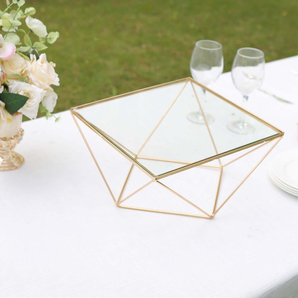 Metal Cake Stand Geometric Pedestal Riser Design Gold with Square Glass Top - Display Centerpiece 12"