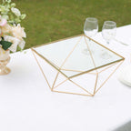 Metal Cake Stand Geometric Pedestal Riser Design Gold with Square Glass Top - Display Centerpiece 12"