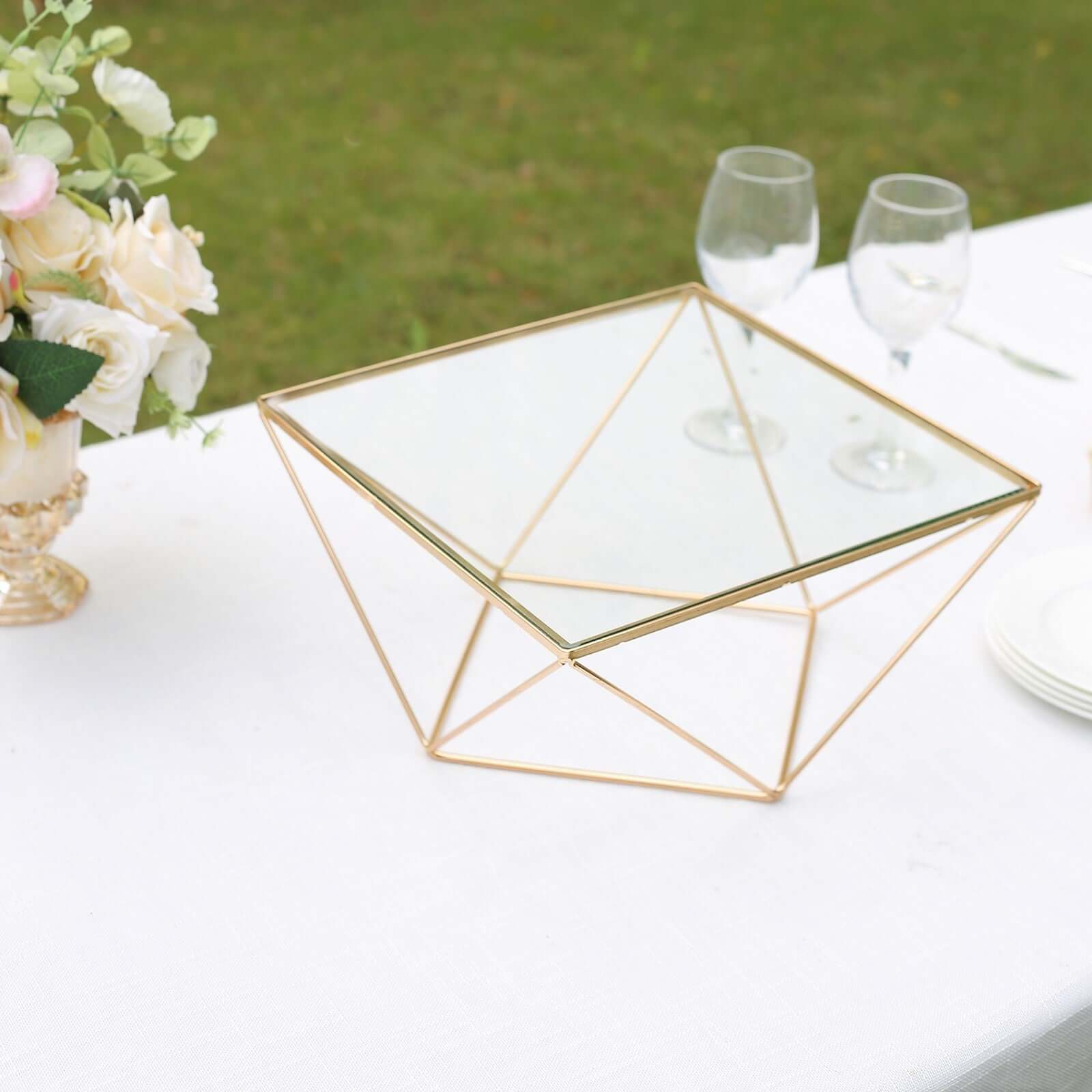 Metal Cake Stand Geometric Pedestal Riser Design Gold with Square Glass Top - Display Centerpiece 12"