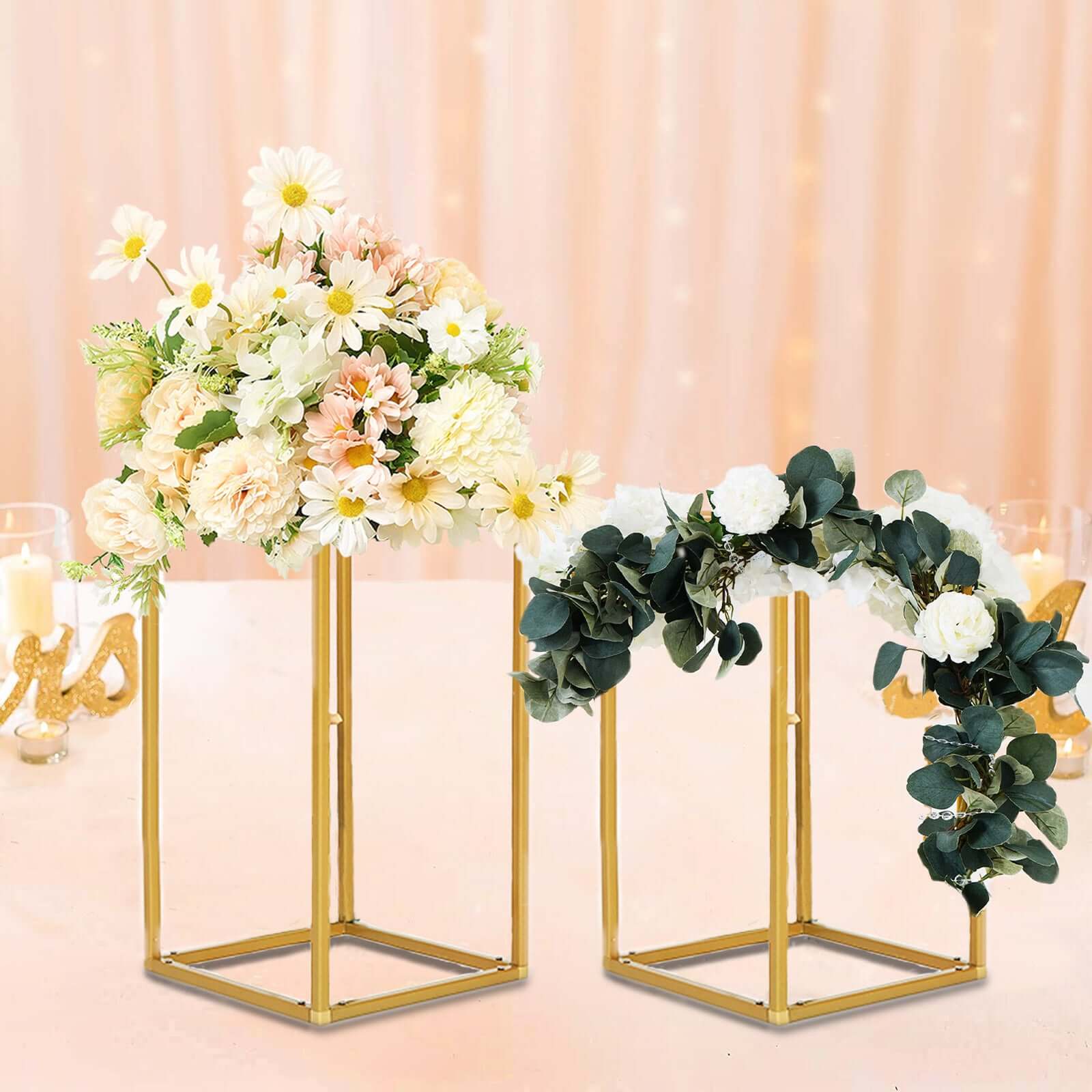 2-Pack Wedding Flower Stand Gold Metal Geometric Column Frame Rectangular - Versatile Floral Pedestal for Sophisticated Arrangements 12"