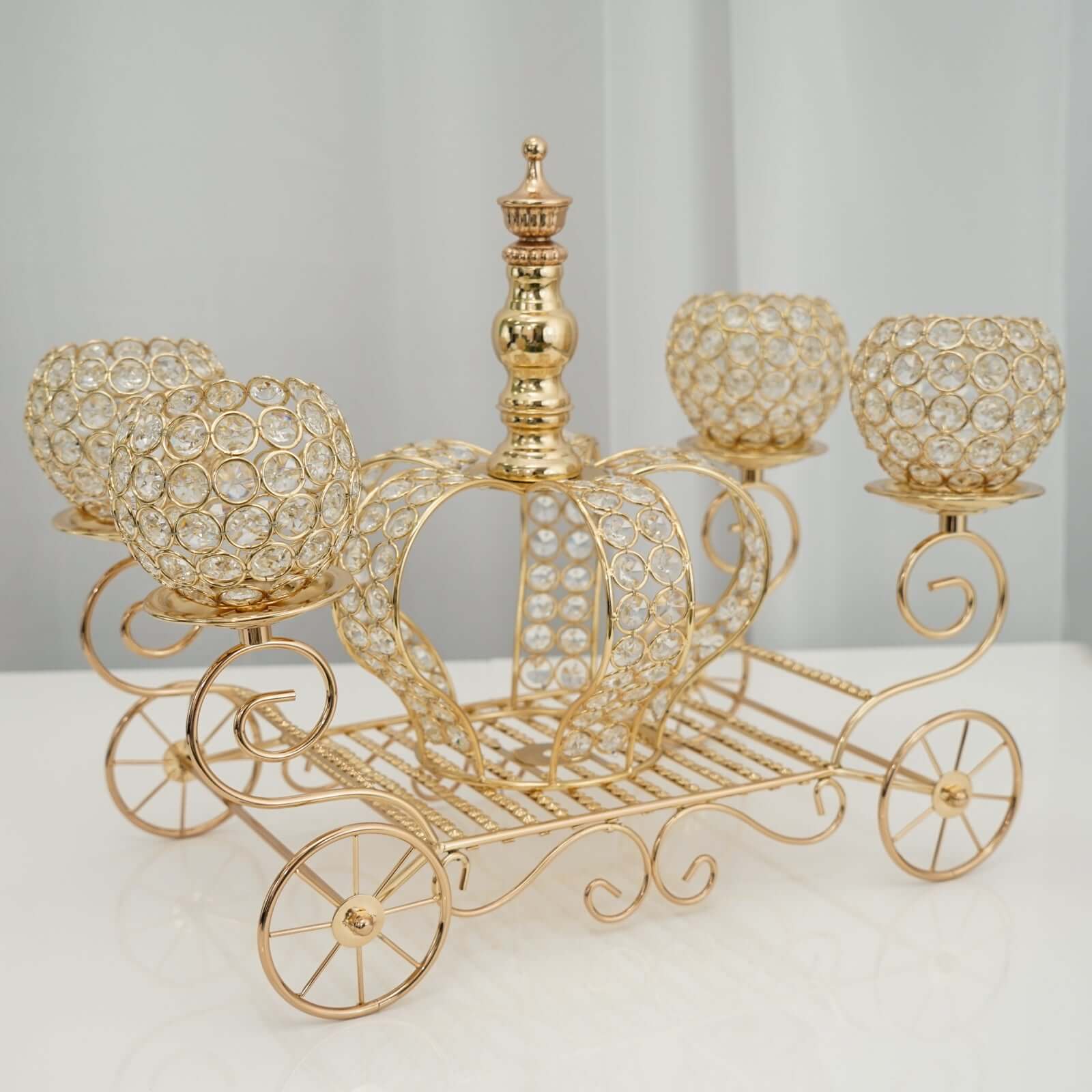 Candle Holder 4-Arm Gold Metal Crystal Cinderella Carriage Wedding Centerpiece - Decorative Display 18"
