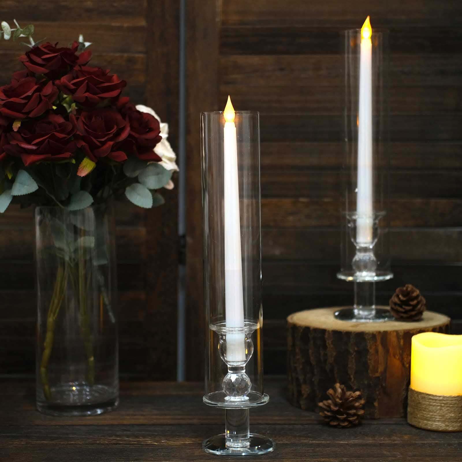 2-Pack Crystal Hurricane Taper Candle Holders, Tall Decorative Candle Stands Clear Cylinder Chimney Tubes 14"