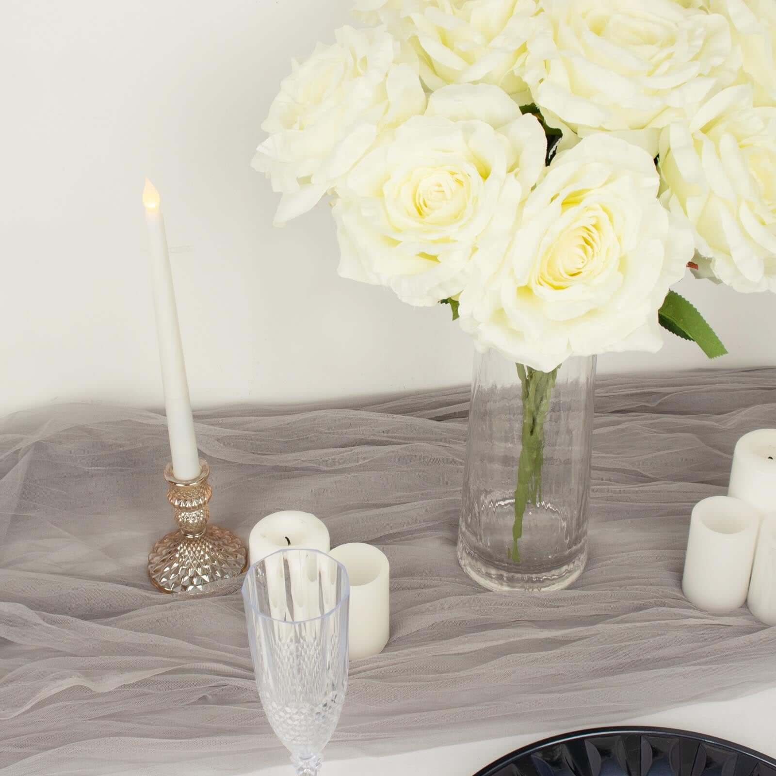 2 Bushes 17" Ivory Premium Silk Jumbo Rose Flower Bouquet, High Quality Artificial Wedding Floral Arrangements