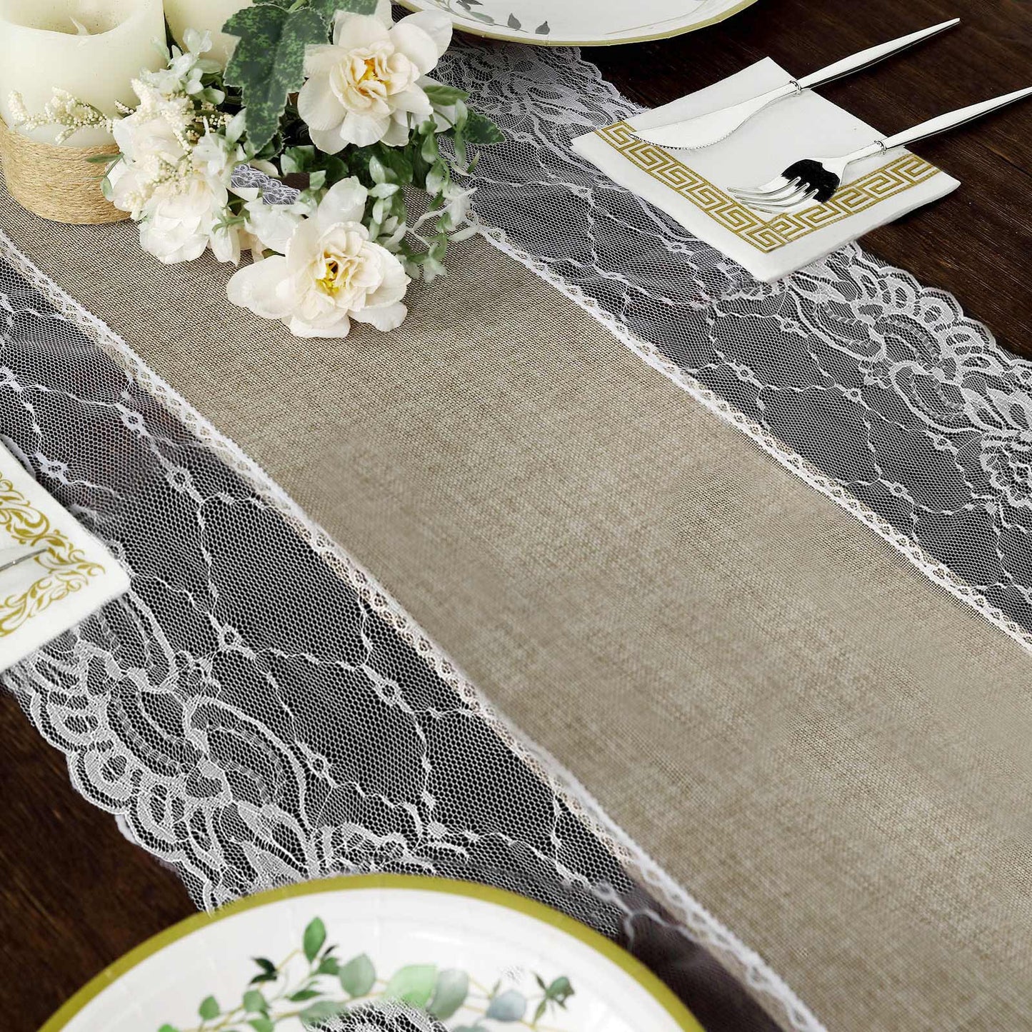 Faux Burlap Jute 16"x108" Table Runner Taupe With White Lace Edging - Rustic Farmhouse Table Linen