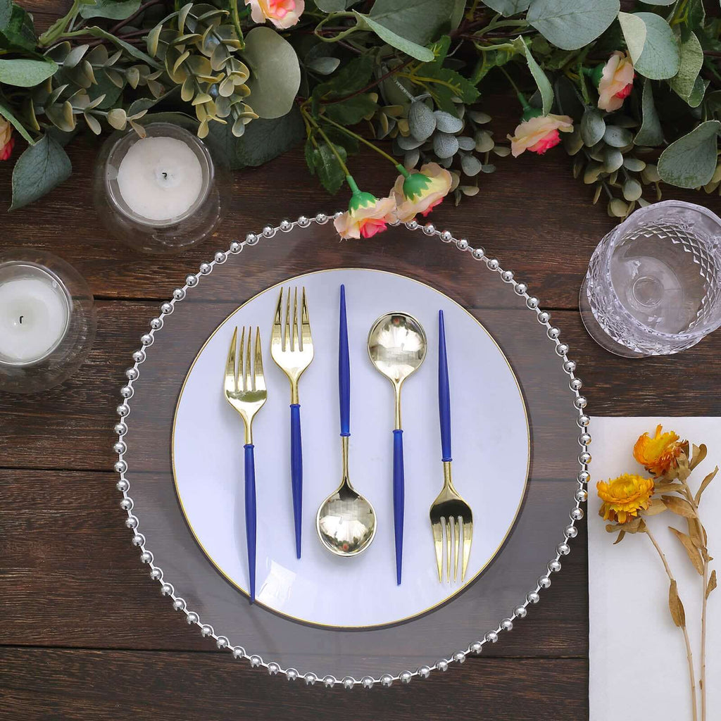 24-Pack Plastic Fork and Spoon Set Gold/Royal Blue 6"