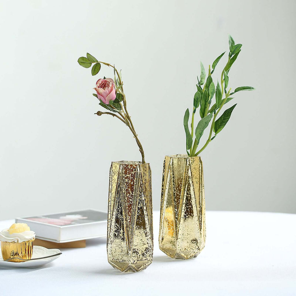 2-Pack Mercury Glass Vases Geometric Design Gold - Stylish Wedding Floral Centerpieces 8"
