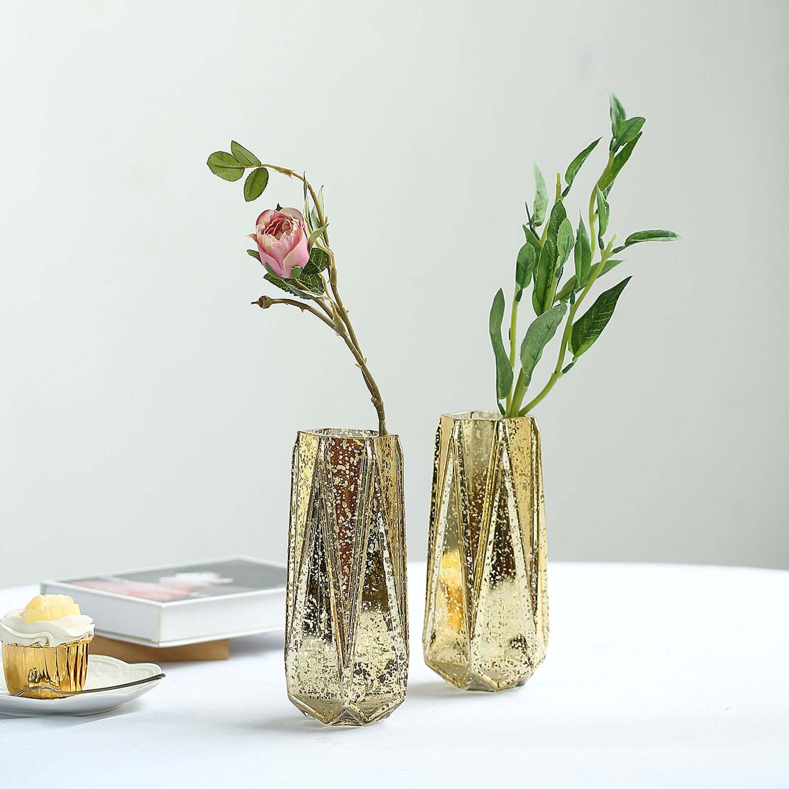 2-Pack Mercury Glass Vases Geometric Design Gold - Stylish Wedding Floral Centerpieces 8"