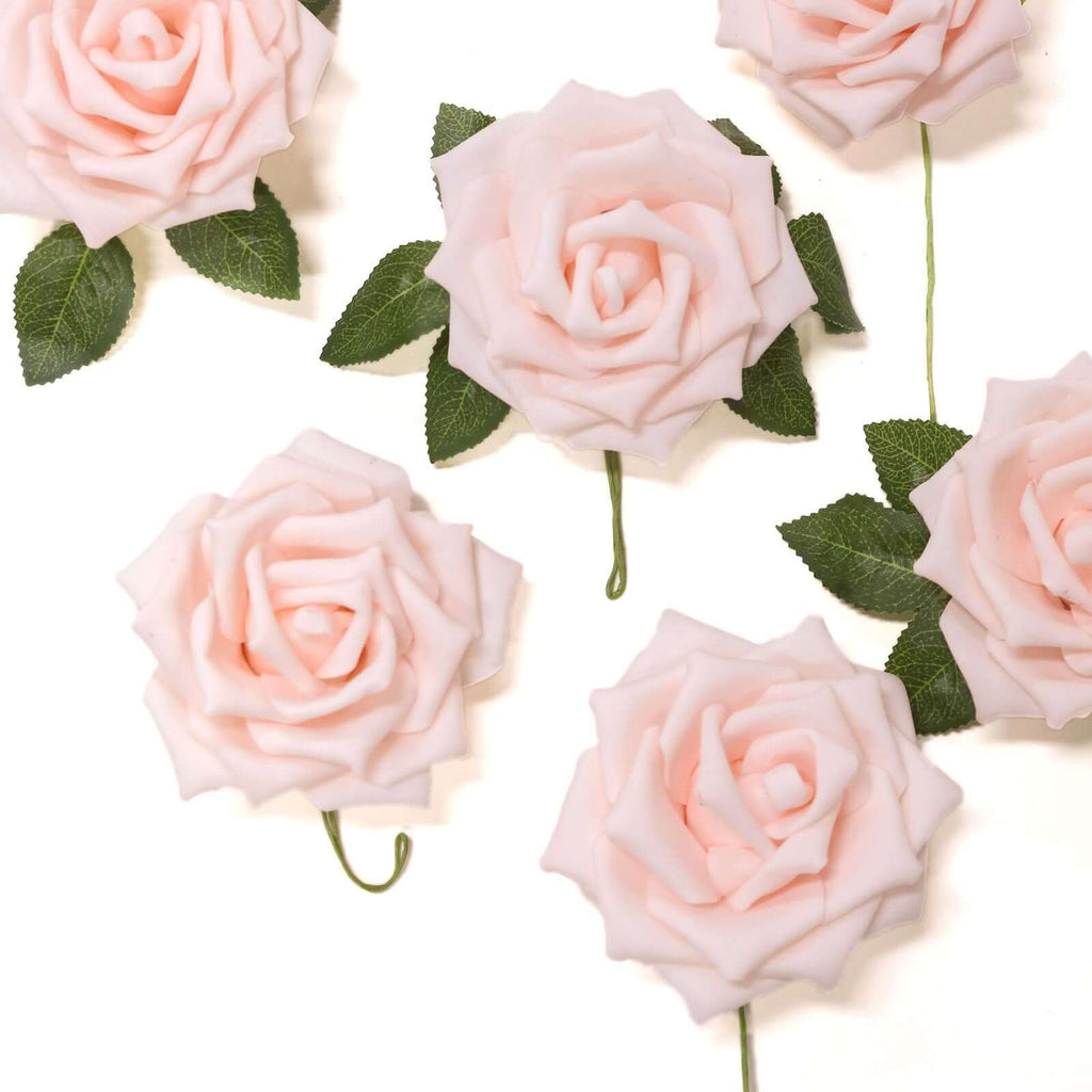 24 Roses 5" Blush Artificial Foam Flowers With Stem Wire and Leaves