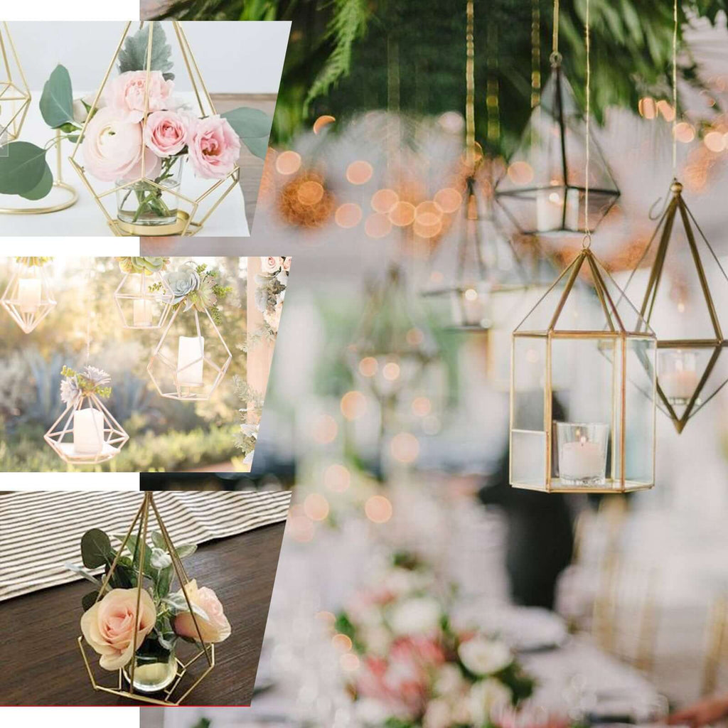 Set of Metal Candle Holders Linked Geometric Design Rose Gold - Modern Votive Glass Decor for Tables & Gatherings 16"