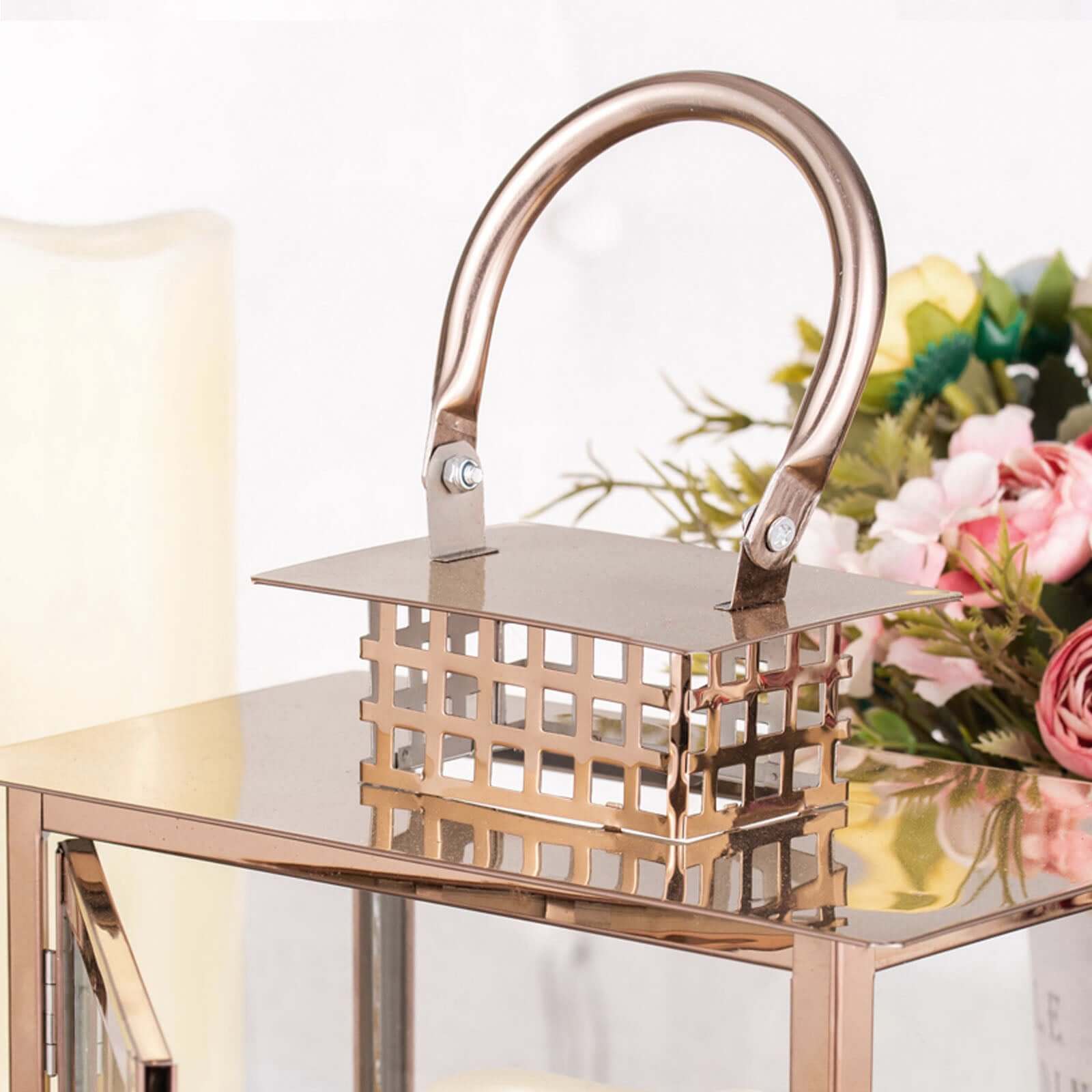 Stainless Steel Candle Lantern Cage Top Design Rose Gold - Outdoor Metal Patio Lantern Centerpiece 10"