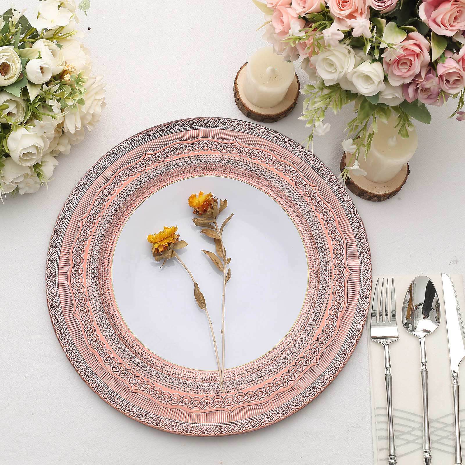6-Pack Acrylic Round Charger Plates 13" in Rose Gold with Lace Embossed Rim, Rustic Plastic Decorative Charger Tableware