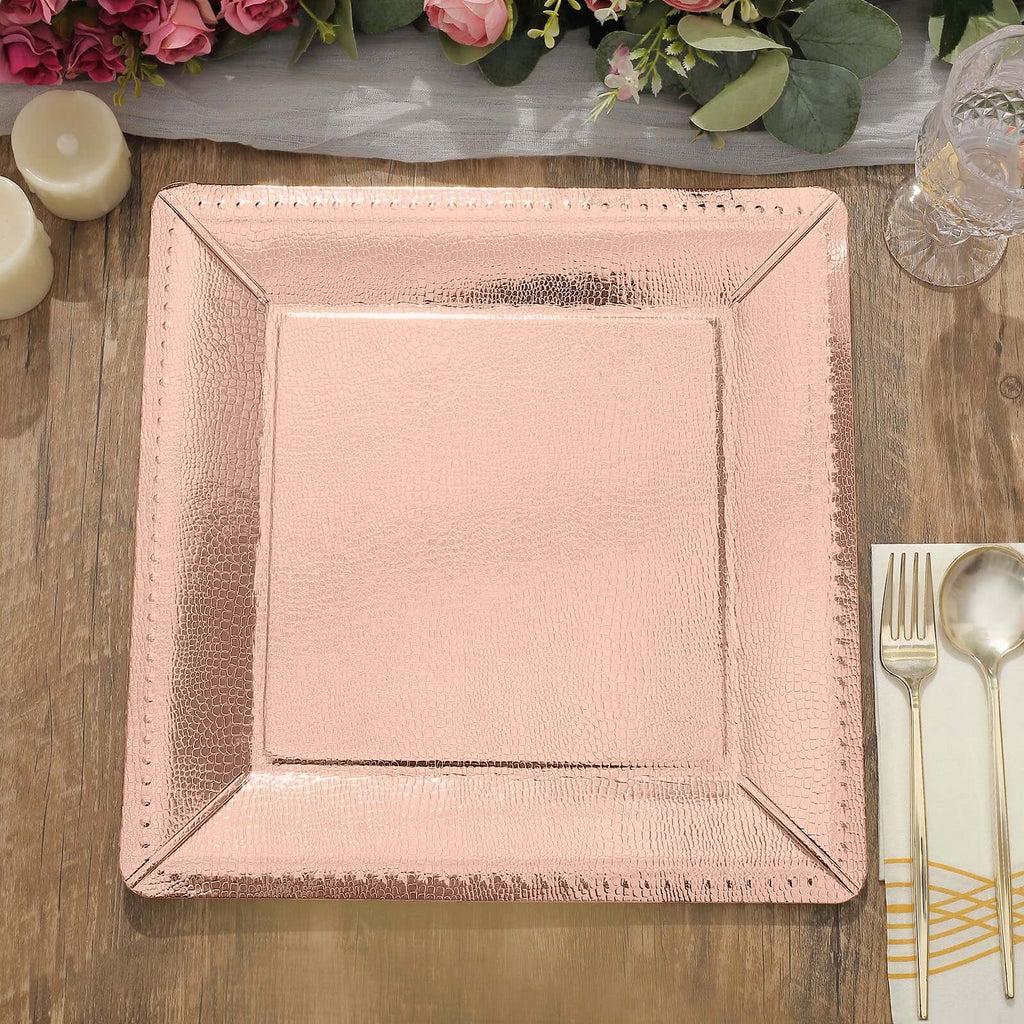 10-Pack Disposable Square Charger Plates in Rose Gold with Leather Like Texture - 1100GSM Durable Paper Chargers for Sophisticated Events 13"