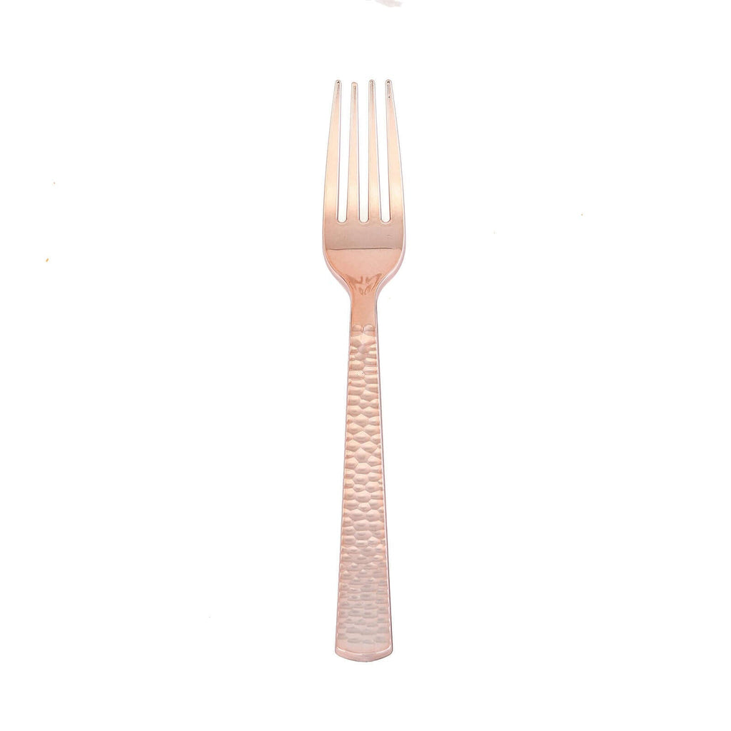 24-Pack Plastic Forks with Hammered Style Rose Gold - Heavy Duty Disposable Silverware 7"