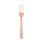 24-Pack Plastic Forks with Hammered Style Rose Gold - Heavy Duty Disposable Silverware 7"