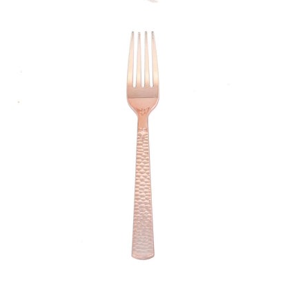 24-Pack Plastic Forks with Hammered Style Rose Gold - Heavy Duty Disposable Silverware 7"
