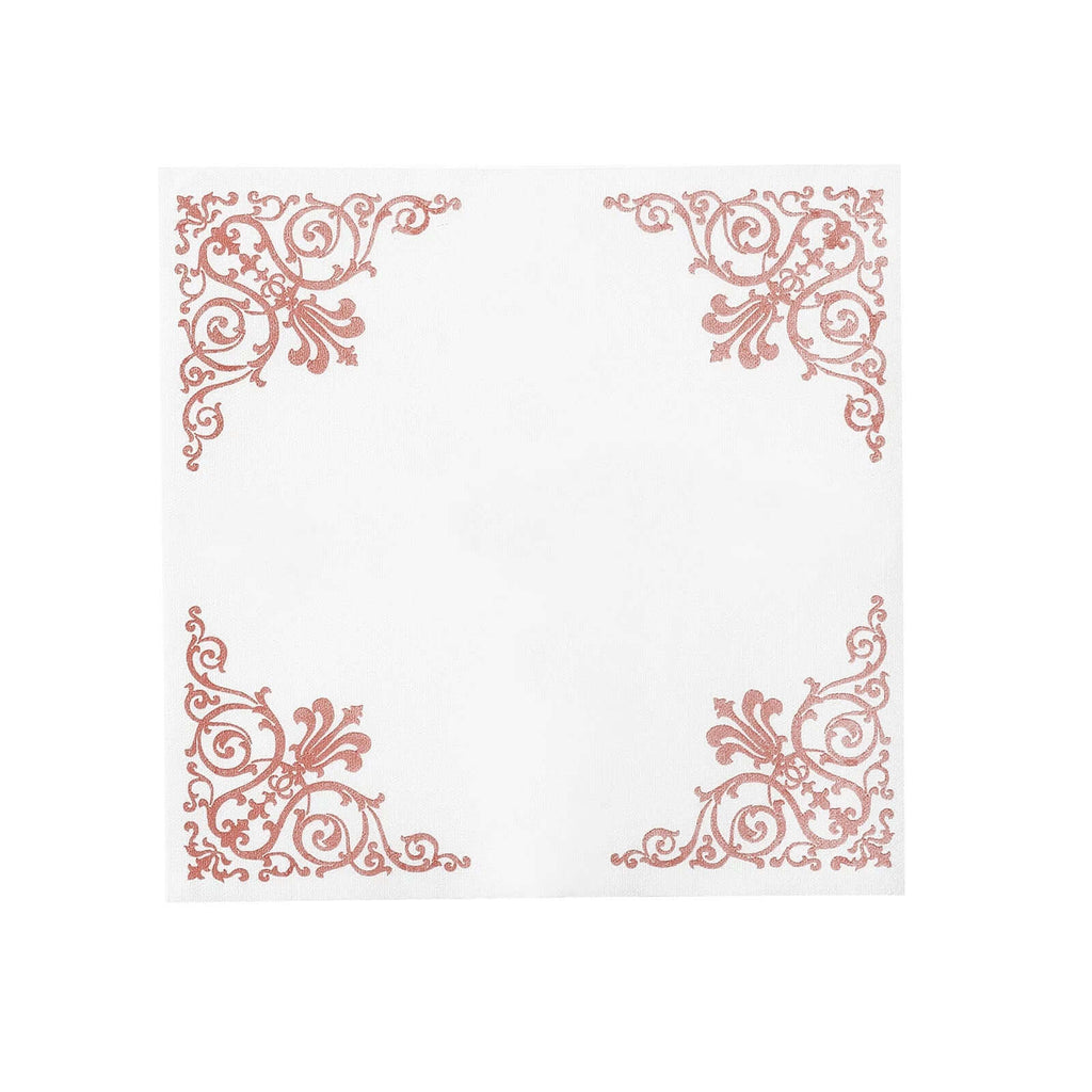 20 Pack Linen-Like Paper 5"x5" Napkins White - Rose Gold Fleur Vintage Airlaid Cocktail Napkins