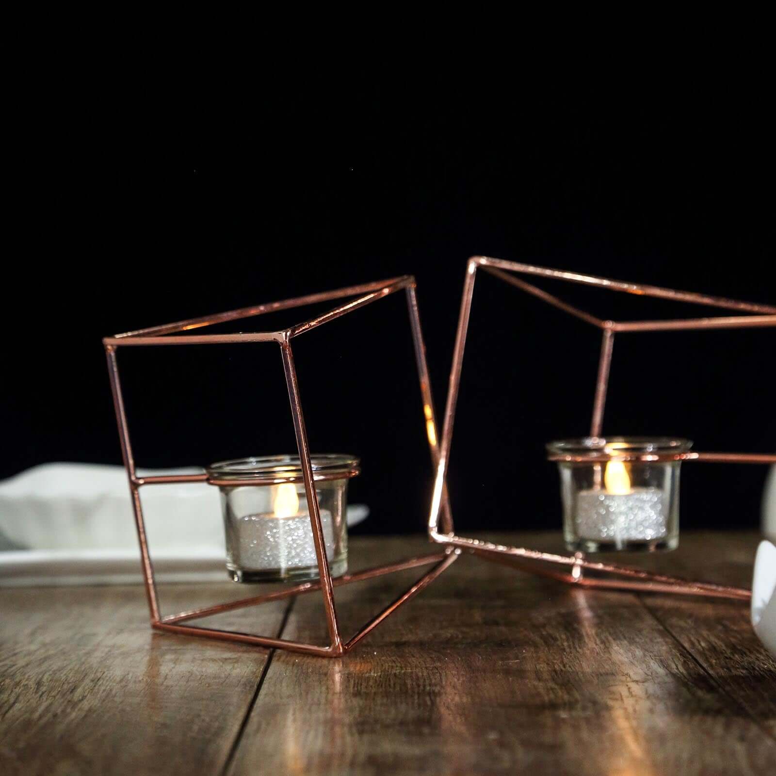Set of Metal Candle Holders Linked Geometric Design Rose Gold - Chic Votive Glass Decor for Events & Gatherings 9"