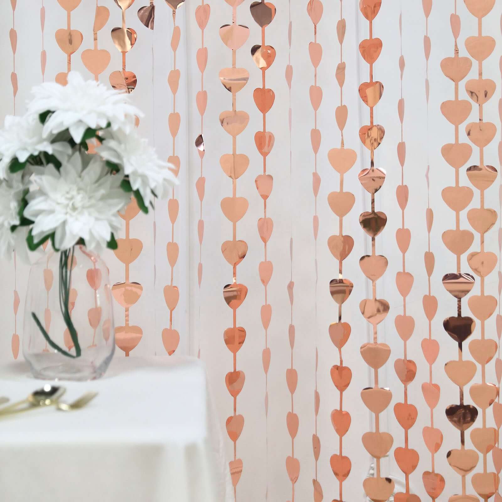 Rose Gold Heart Chain Foil Fringe Curtain Party Backdrop, Metallic Rose Gold Tinsel Streamer Party Decor - Door Window Foil Curtain - 3ftx6.5ft - Bell Racket Store