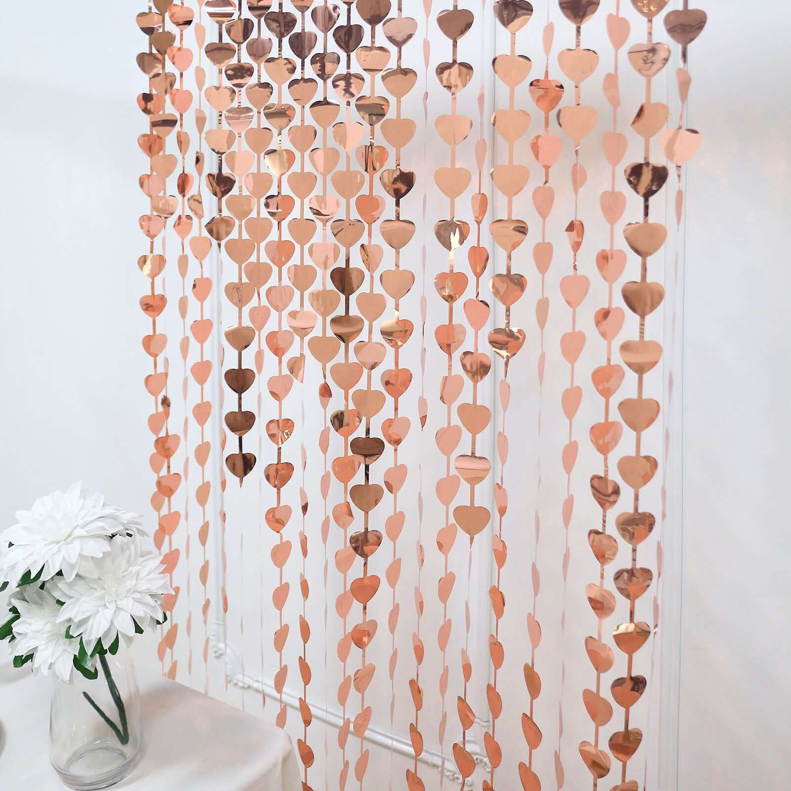 Rose Gold Heart Chain Foil Fringe Curtain Party Backdrop, Metallic Rose Gold Tinsel Streamer Party Decor - Door Window Foil Curtain - 3ftx6.5ft - Bell Racket Store
