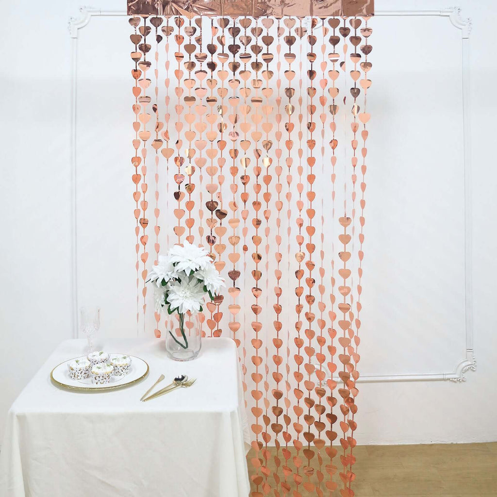 Rose Gold Heart Chain Foil Fringe Curtain Party Backdrop, Metallic Rose Gold Tinsel Streamer Party Decor - Door Window Foil Curtain - 3ftx6.5ft - Bell Racket Store