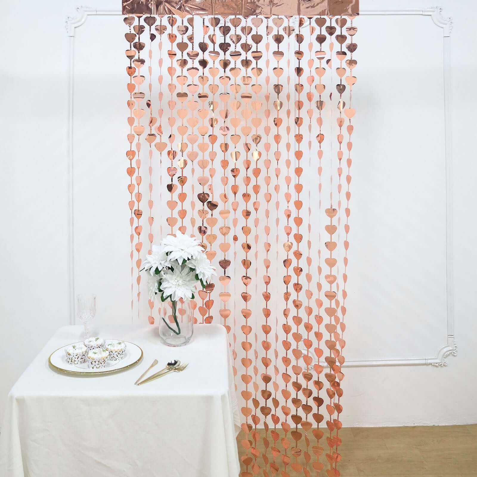 Rose Gold Heart Chain Foil Fringe Curtain Party Backdrop, Metallic Rose Gold Tinsel Streamer Party Decor - Door Window Foil Curtain - 3ftx6.5ft - Bell Racket Store