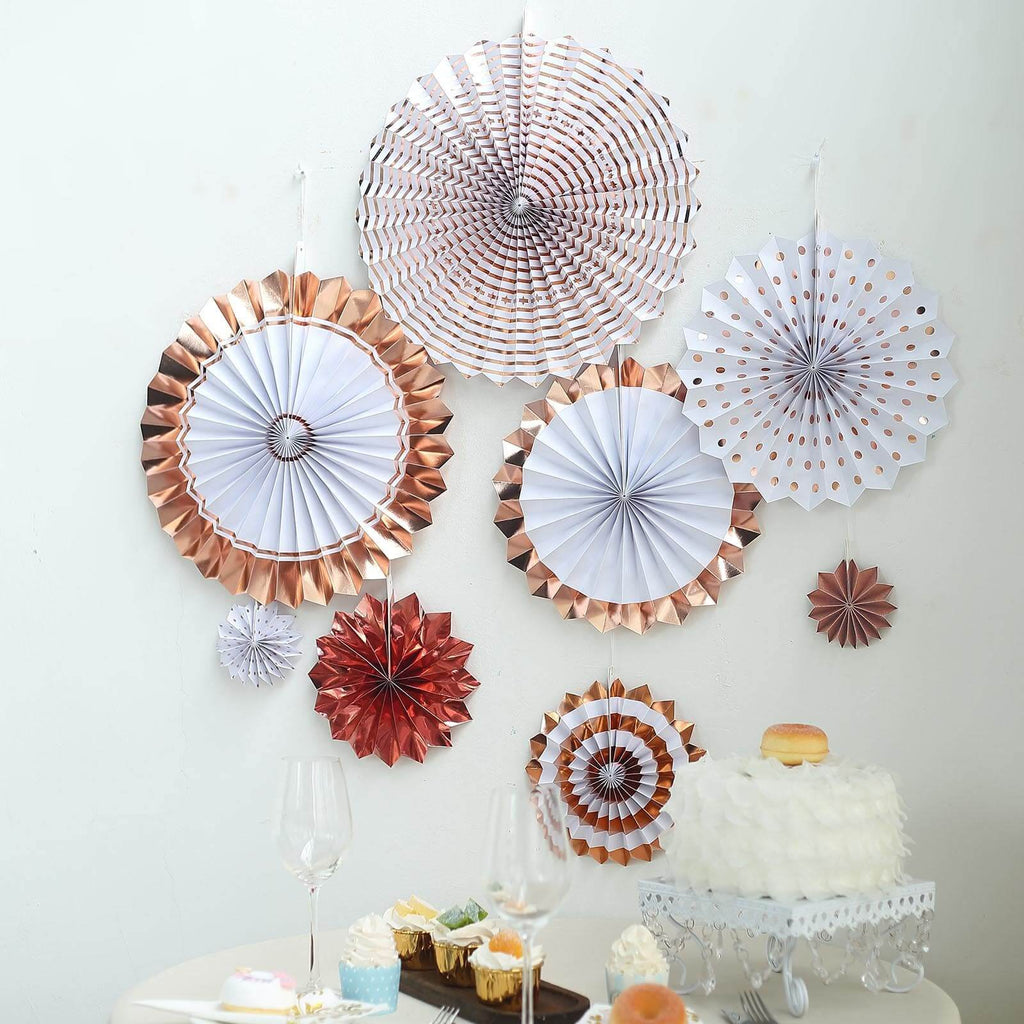 Set of 8 Gold Rose Gold Hanging Paper Fan Decorations, Pinwheel Wall Backdrop Party Kit - 4", 8", 12"