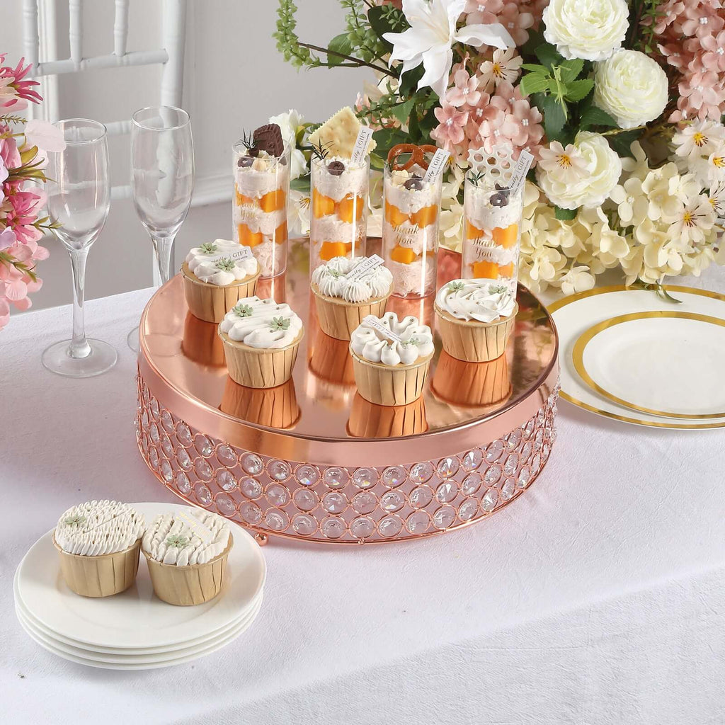 Metal Cake Stand Pedestal Crystal Beaded Design Rose Gold - Cupcake Display and Dessert Riser 14"