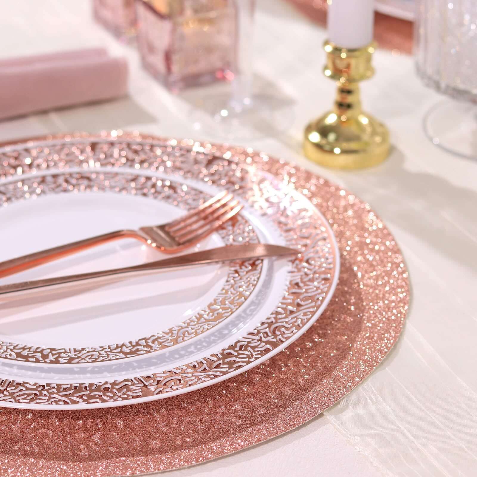 6-Pack Placemats Glitter Design Rose Gold Sparkle Round - Non-Slip Decorative Dining Table Mats 13"
