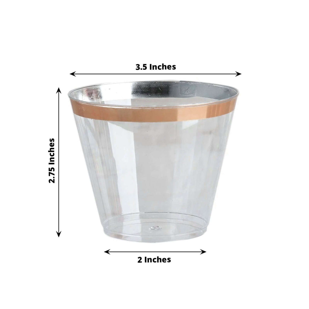 12-Pack Plastic Party Squat Cups Clear with Rose Gold Rim - Stylish Disposable Tumblers for Banquets & Special Occasions 10oz