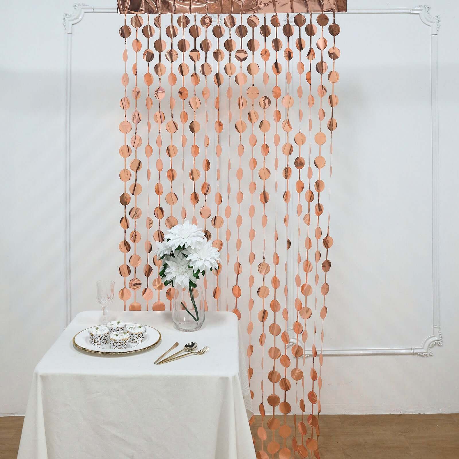 Rose Gold Round Chain Foil Fringe Curtain Party Backdrop, Metallic Rose Gold Tinsel Streamer Party Decor - Door Window Foil Curtain - 3ftx6.5ft - Bell Racket Store