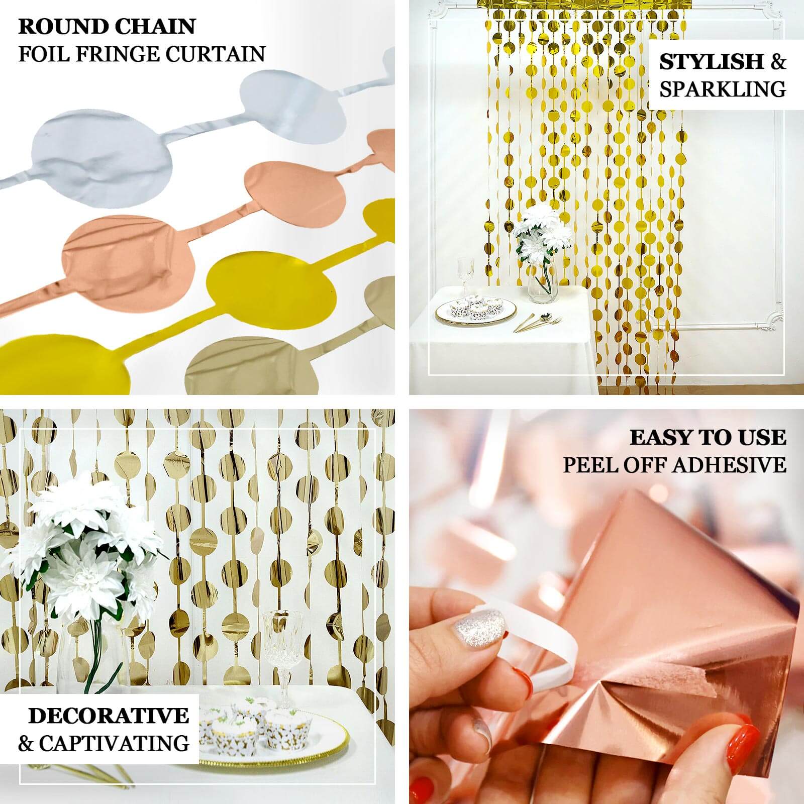 Rose Gold Round Chain Foil Fringe Curtain Party Backdrop, Metallic Rose Gold Tinsel Streamer Party Decor - Door Window Foil Curtain - 3ftx6.5ft - Bell Racket Store