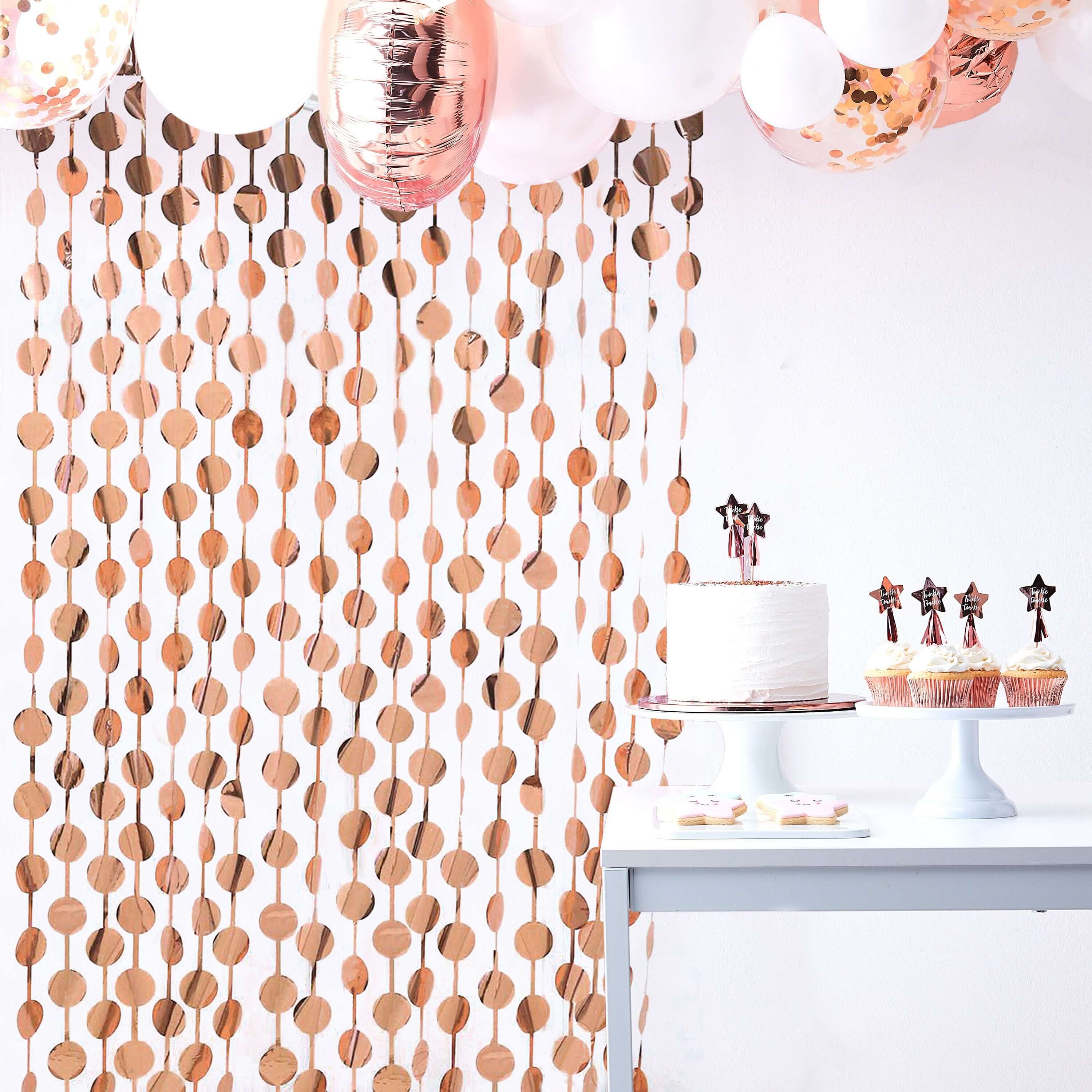 Rose Gold Round Chain Foil Fringe Curtain Party Backdrop, Metallic Rose Gold Tinsel Streamer Party Decor - Door Window Foil Curtain - 3ftx6.5ft - Bell Racket Store