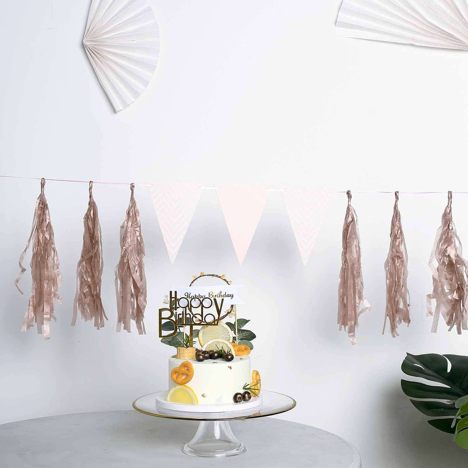 12 Pack Pre-Tied Rose Gold Paper Fringe Tassels With Garland String, Hanging Streamer Banner