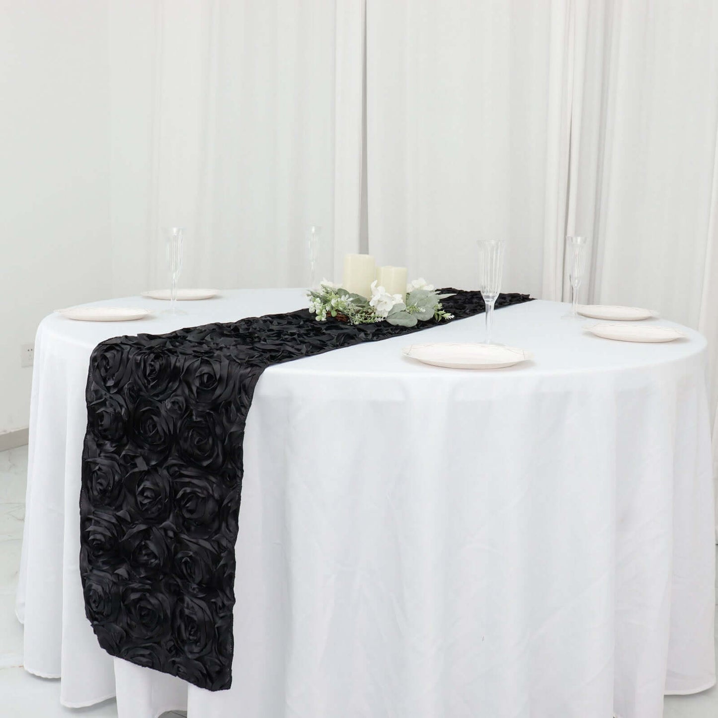 Rosette Satin 14"x108" Table Runner Black - Grandiose Design - NestOCart