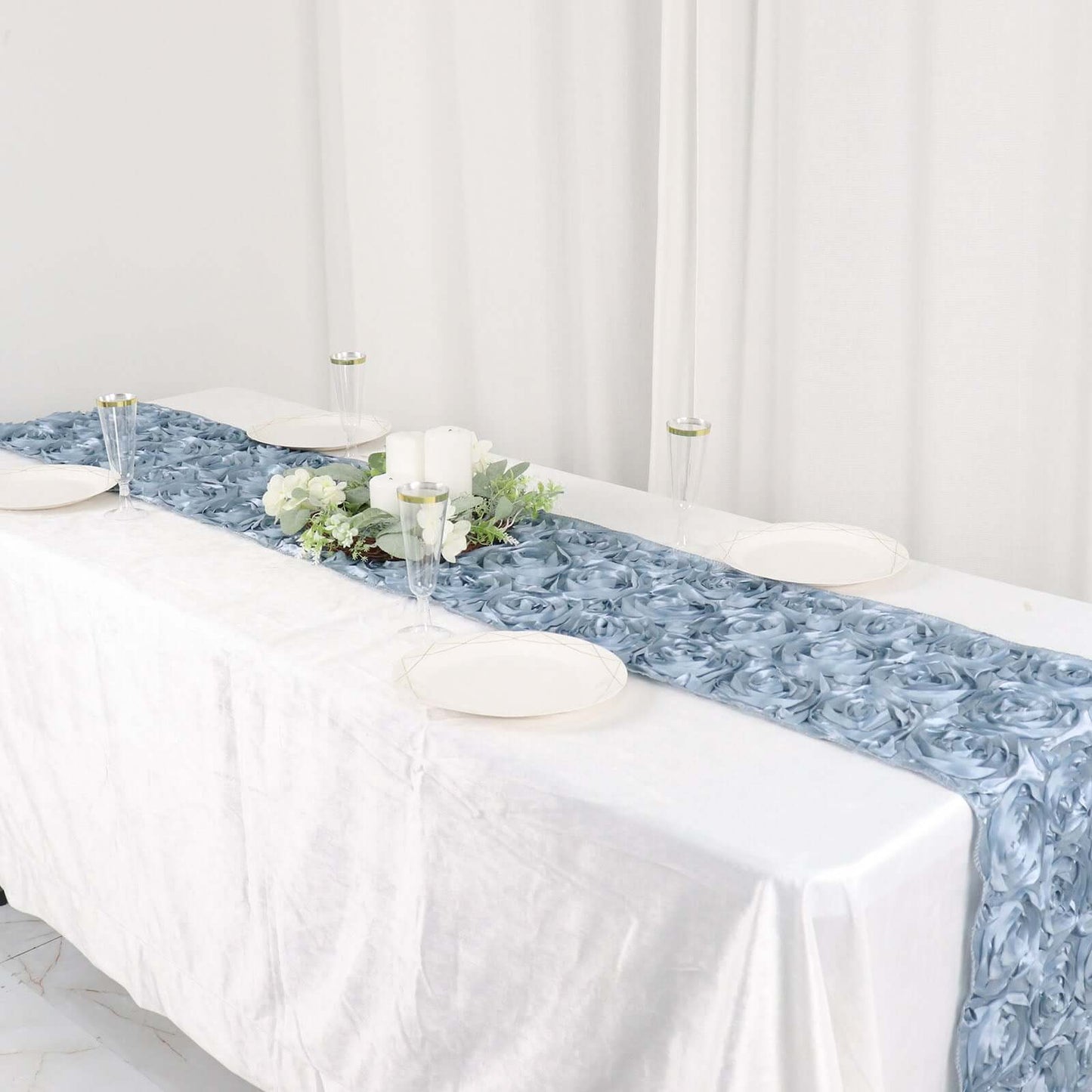 Rosette Satin 14"x108" Table Runner Dusty Blue - Grandiose Design - Bell Racket Store