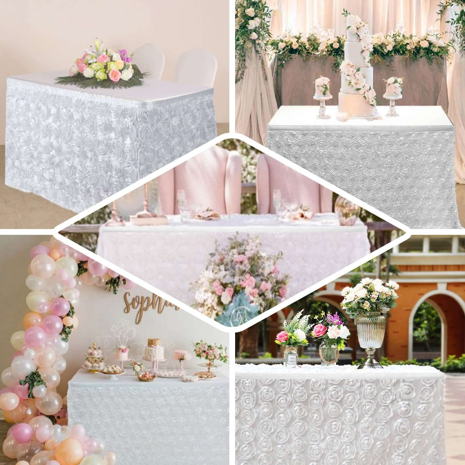 Rosette Satin 21ft Table Skirt White 3D Floral Design - Sophisticated Event & Wedding Table Cover - NestOCart