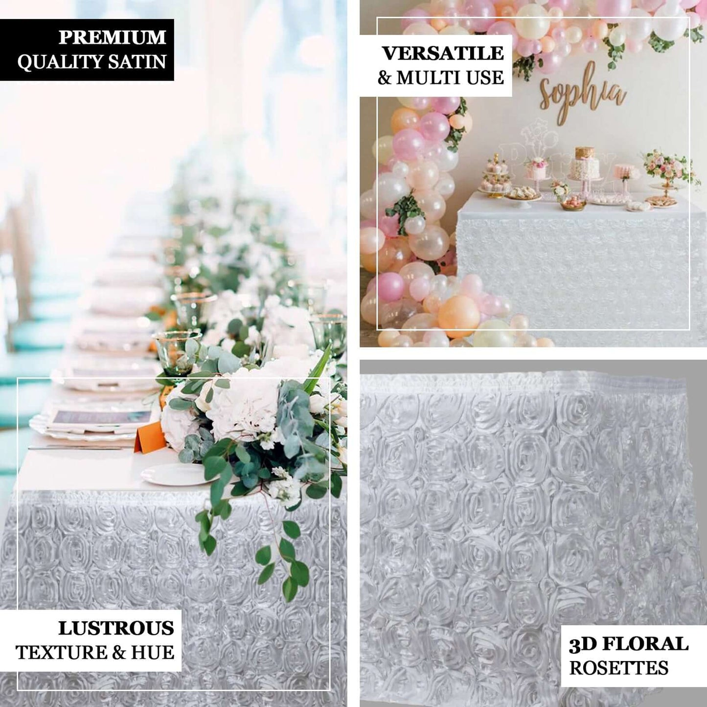 Rosette Satin 21ft Table Skirt White 3D Floral Design - Sophisticated Event & Wedding Table Cover - NestOCart