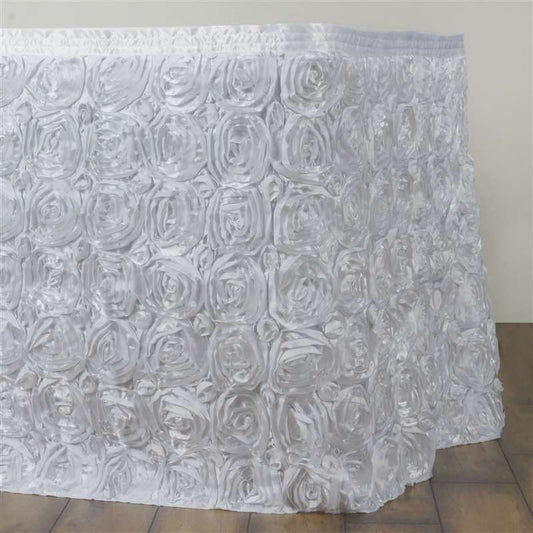 Rosette Satin 21ft Table Skirt White 3D Floral Design - Sophisticated Event & Wedding Table Cover - NestOCart
